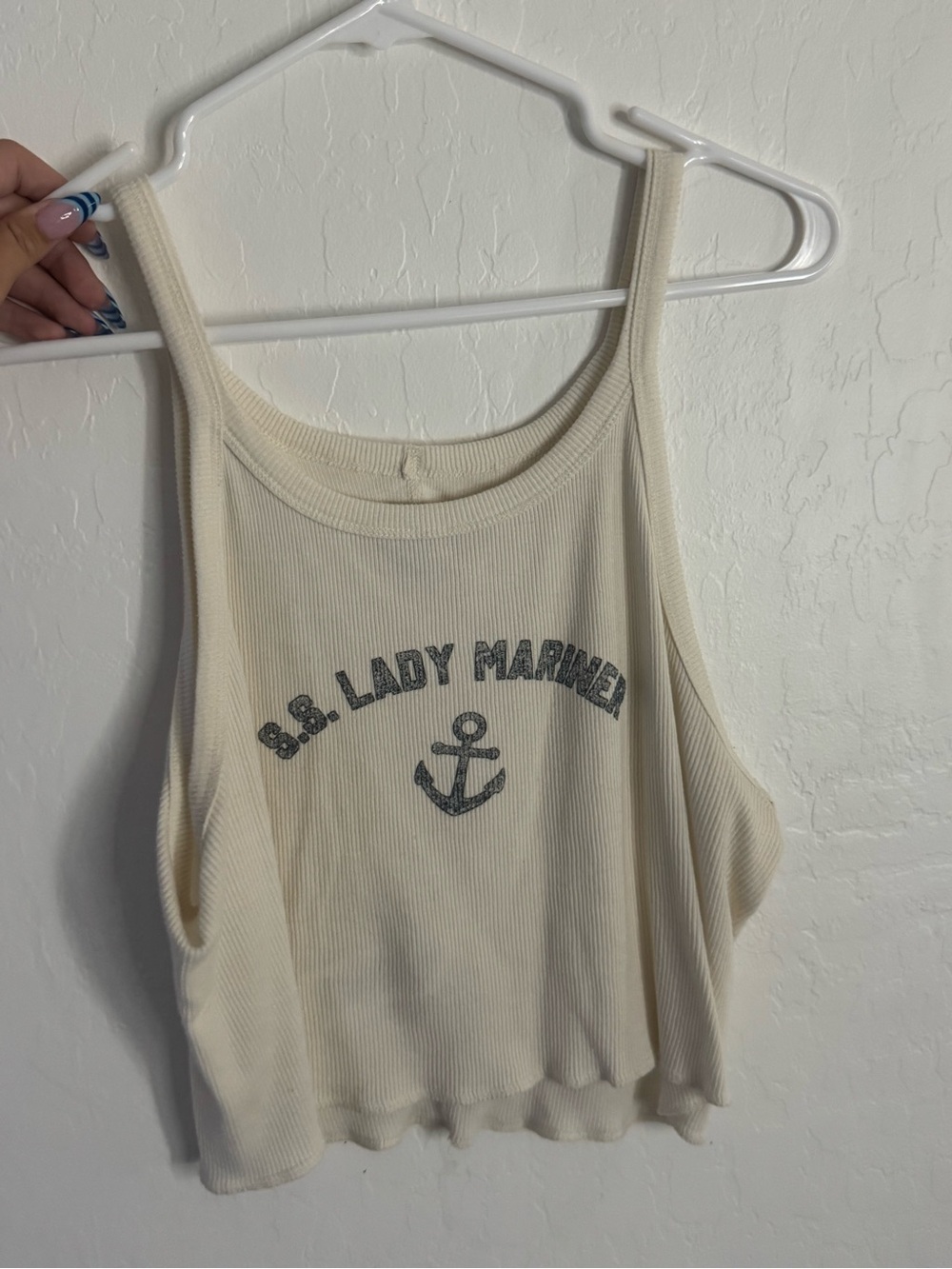 BDG Cream Ribbed Tank Top with Navy Anchor Graphic